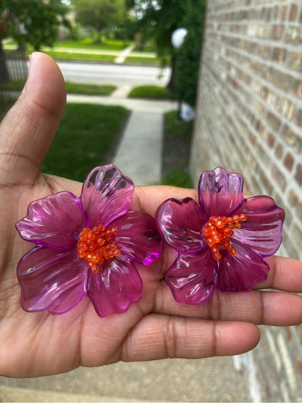 Purple Lucite Flower Earrings with Orange Bead Centers